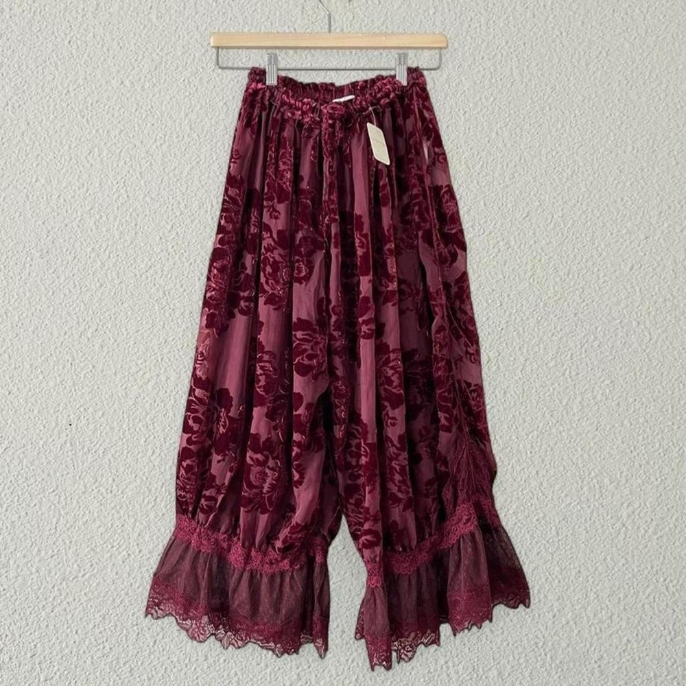Free People Burgundy Velvet Floral Wide-Leg Lace Trim Pants - Picture 3 of 5